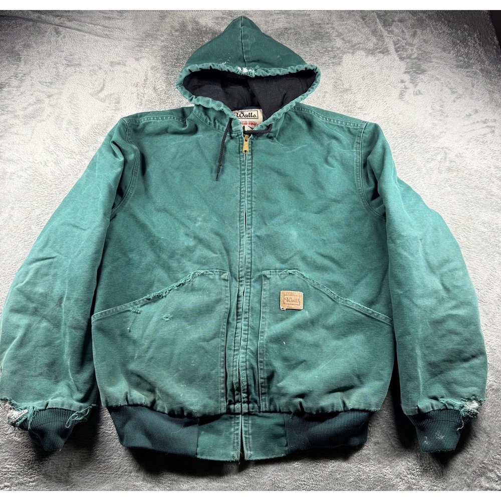 Walls Hooded Work Jacket Teal Green Estimated L Lined Distressed Full Zip